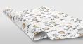 Valentine’s Day packaging, a sheet of wrapping paper with a Valentine’s Day themed design. It has a white background with black and beige details. Design includes hearts, flowers and words "be mine".