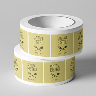 Two rolls of square labels stacked on top of each other, to illustrate Roll Labels printing.