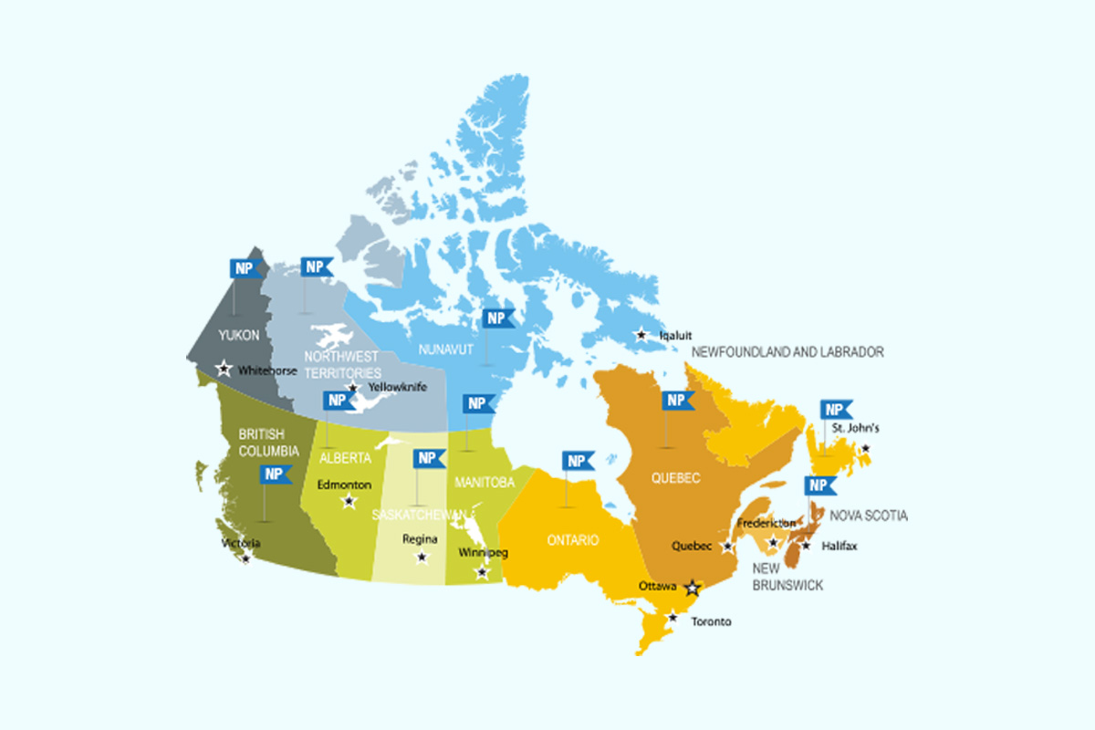 Canada Map with Newprint pins all over country